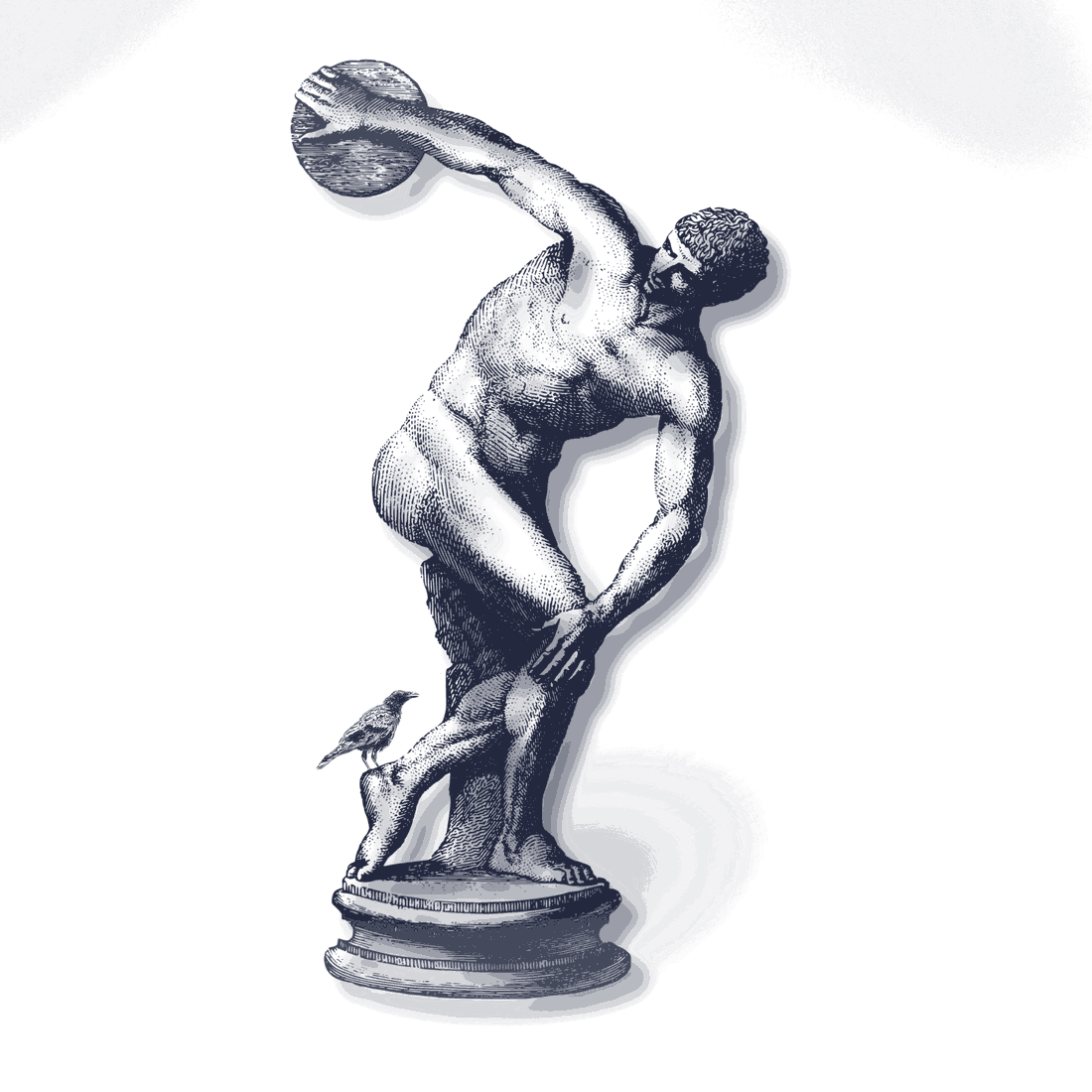 Classical engraving of a discus thrower, poised mid-throw, with a small bird at his feet.